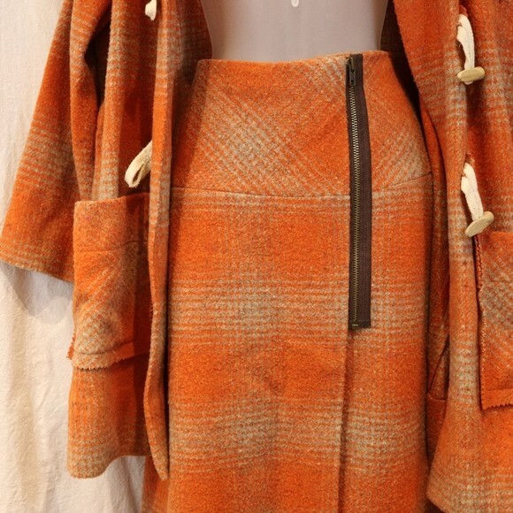 Su-Zen Rare Orange Plaid Wool Skirt Suit Set Longline Jacket Wrap Skirt L/XL - Picture 12 of 16